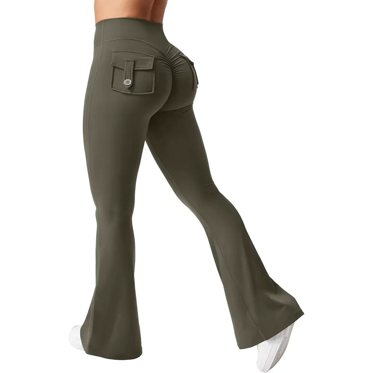 Praestus olive green high-waisted flare leggings with functional back pocket, crafted for sleek athletic performance.