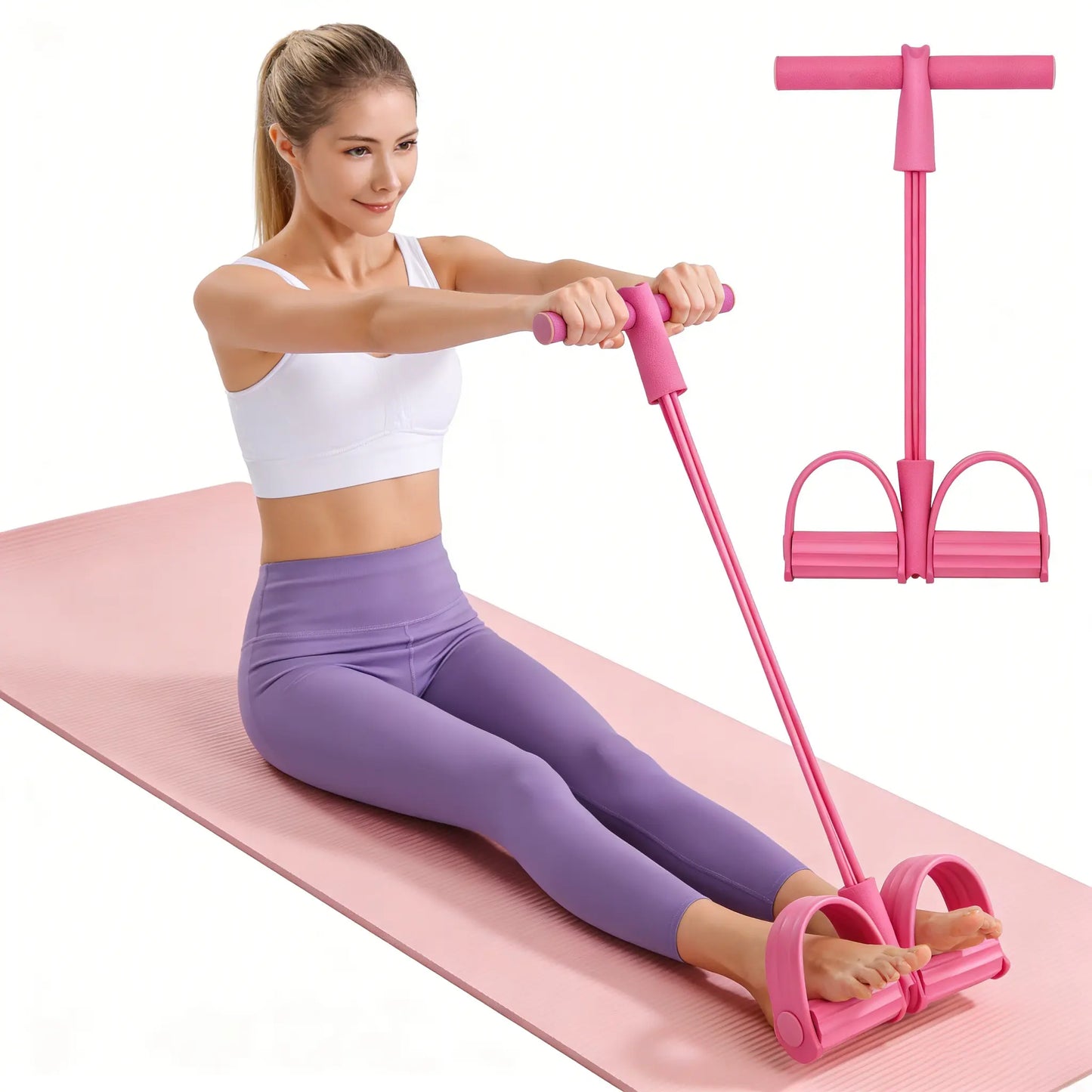 Purple resistance band trainer for home workouts on hardwood floor