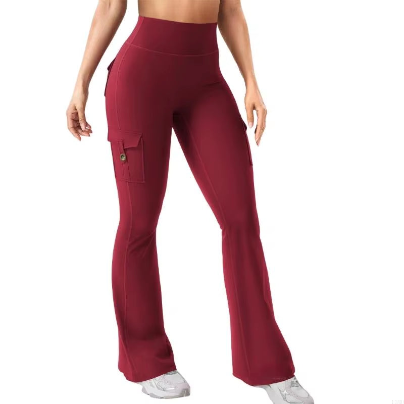 High Waist Women's Flared Cargo Pants - Stylish Elastic Wide Leg Yoga Pants with Pockets for Training