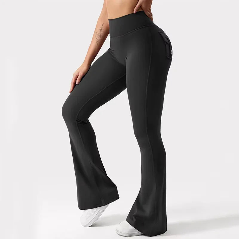 Praestus black high-waisted flare leggings with sleek performance fabric for premium gym training