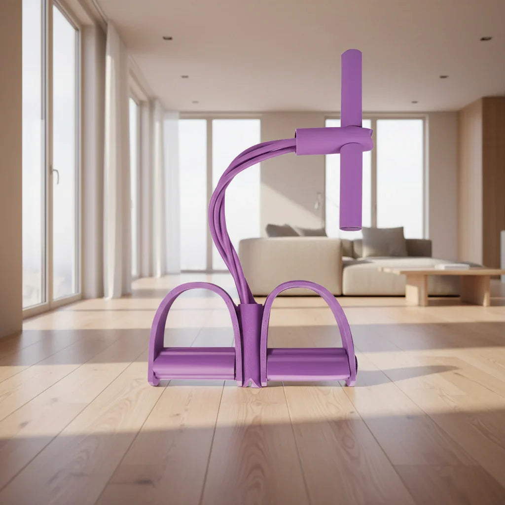 Praestus purple resistance band trainer with ergonomic handles, sleek design for home fitness on hardwood floors.