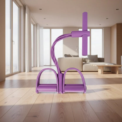 Praestus purple resistance band trainer with ergonomic handles, sleek design for home fitness on hardwood floors.
