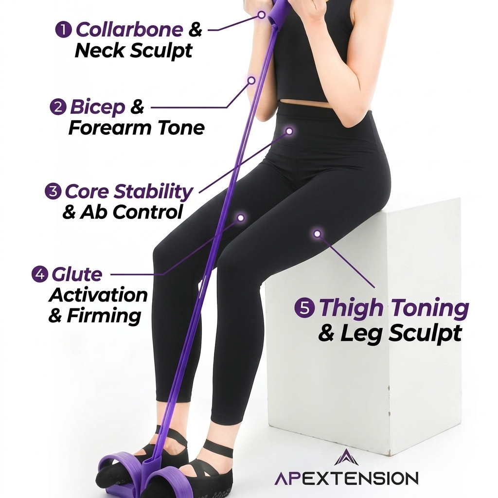 Purple resistance band trainer for home workouts, targeting neck, arms, core, glutes, and legs on hardwood floor