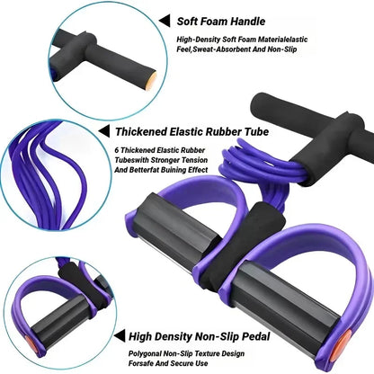 Praestus resistance bands with soft foam handles, thickened purple rubber tubes, and non-slip pedals for high-performance strength training.