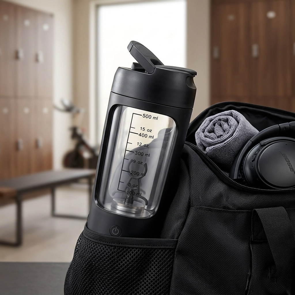 Black smart water bottle with ml/oz measurements in gym bag, ideal for workouts and hydration tracking