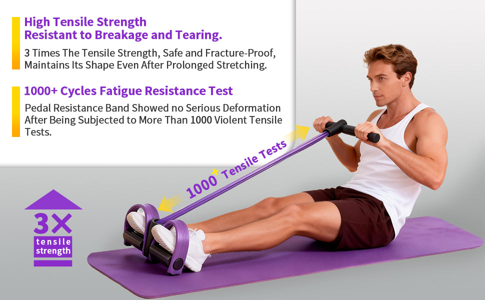 Purple resistance band trainer for home workouts on hardwood floor