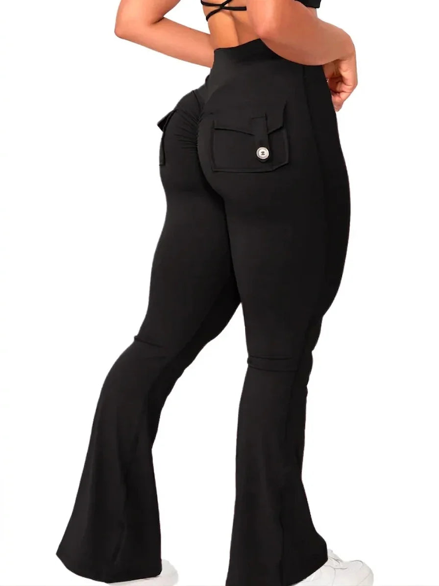 Black high-waisted flare leggings with back pocket, ideal for home workouts and fitness training