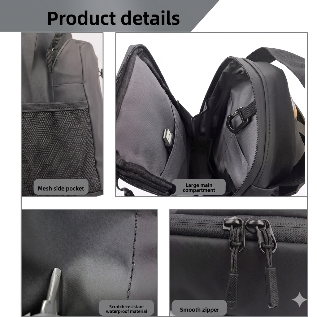 Black fitness backpack with mesh pocket, large compartment, waterproof material, and smooth zipper details