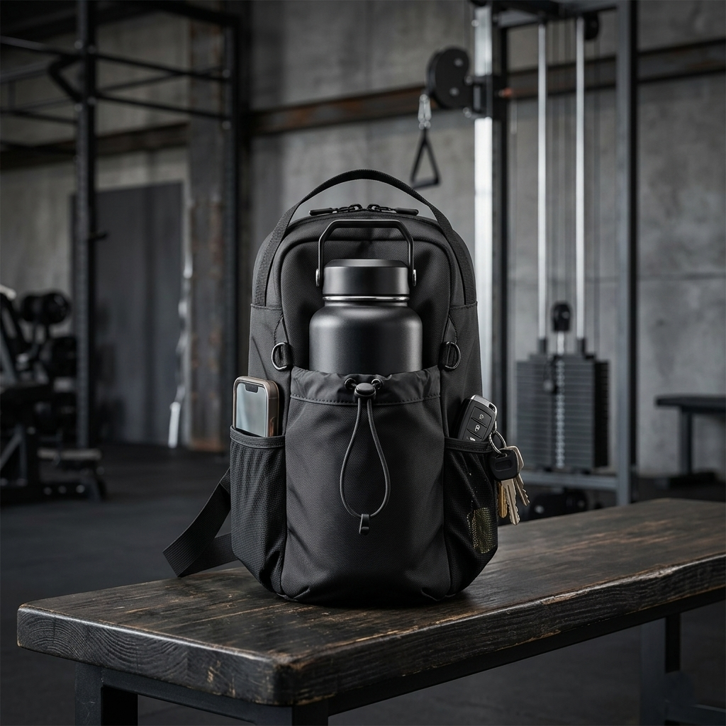 Black gym backpack with water bottle, phone, and keys on wooden bench in fitness studio