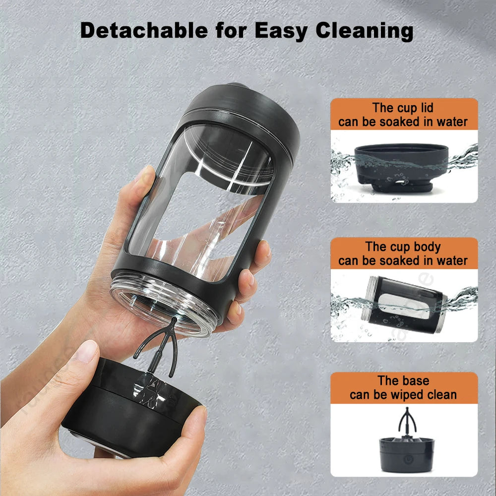 Detachable black shaker cup for easy cleaning, lid and body soakable, base wipes clean