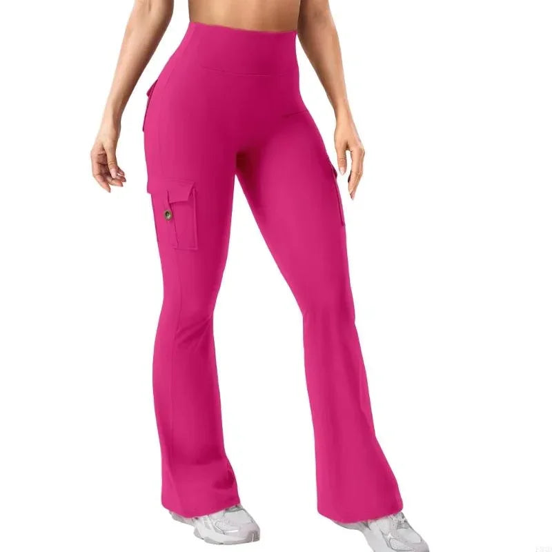Praestus high-waisted magenta cargo joggers with sleek flared legs, premium stretch fabric for high-performance training.