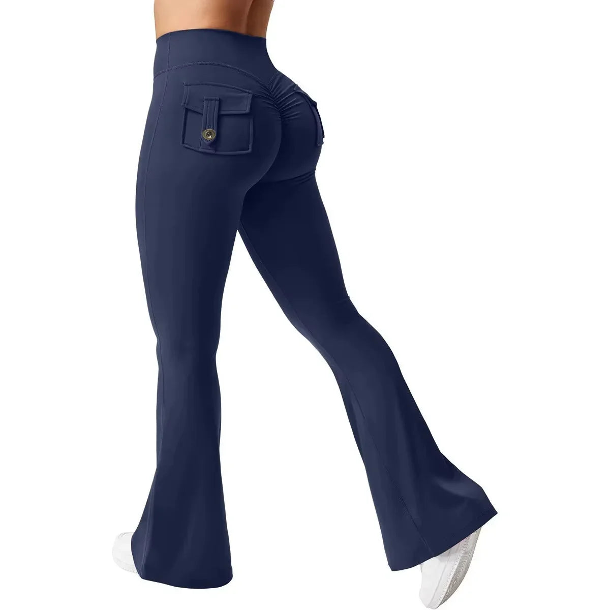 Praestus navy flared leggings with high-waist design and functional back pocket, crafted for sleek performance training.