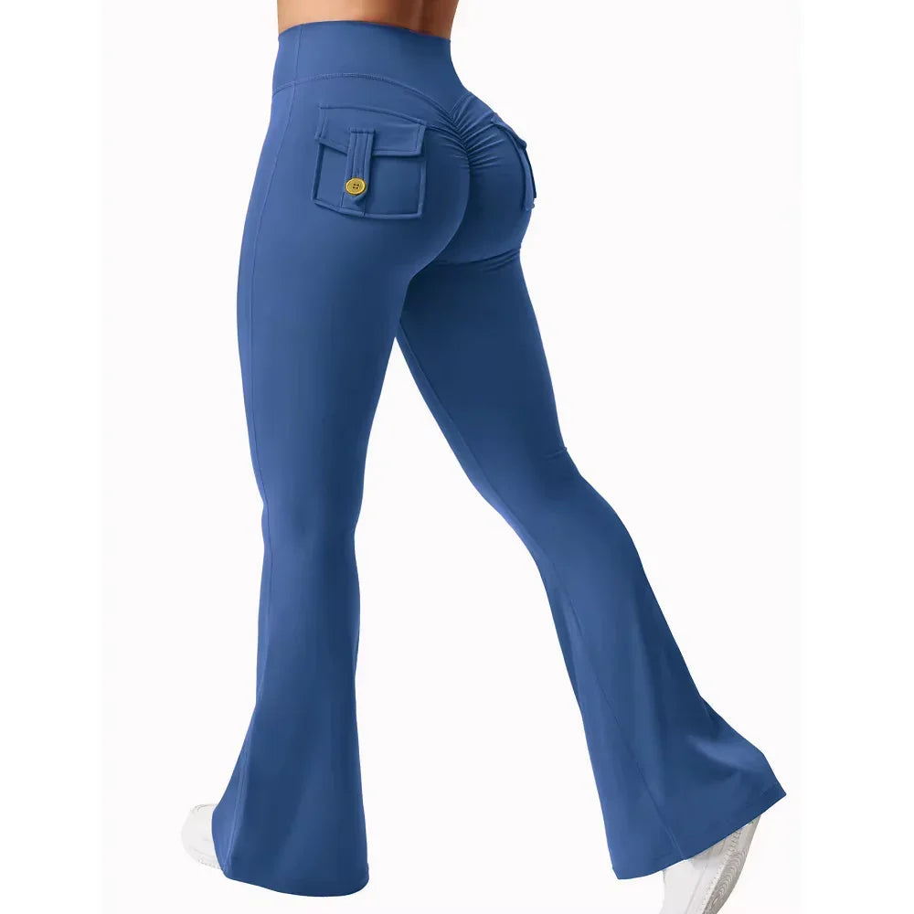 Praestus blue flared fitness leggings with gold-buttoned pocket, crafted for sleek high-performance training.